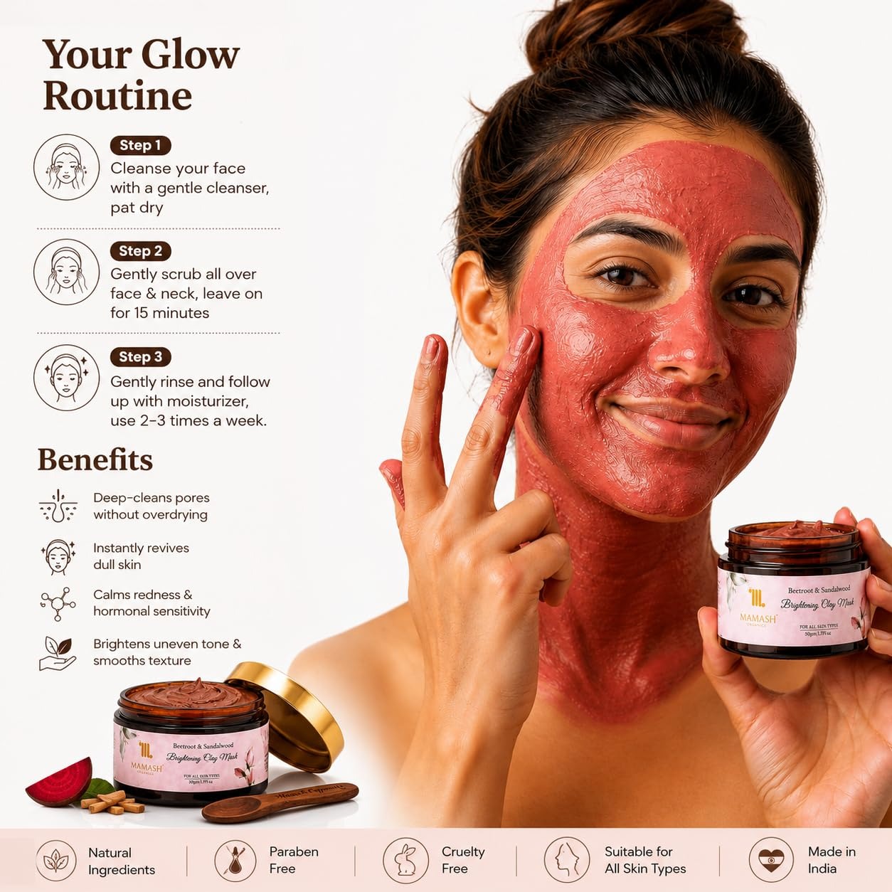 mamash beetroot & sandalwood 2 in 1 face pack & scrub | ready to use de tan clay mask with neem, licorice & multani mitti | brightening & deep cleansing ayurvedic skincare | 50g mamash beetroot & sandalwood 2 in 1 face pack & scrub | ready to use de tan clay mask with neem, licorice & multani mitti | brightening & deep cleansing ayurvedic skincare | 50g