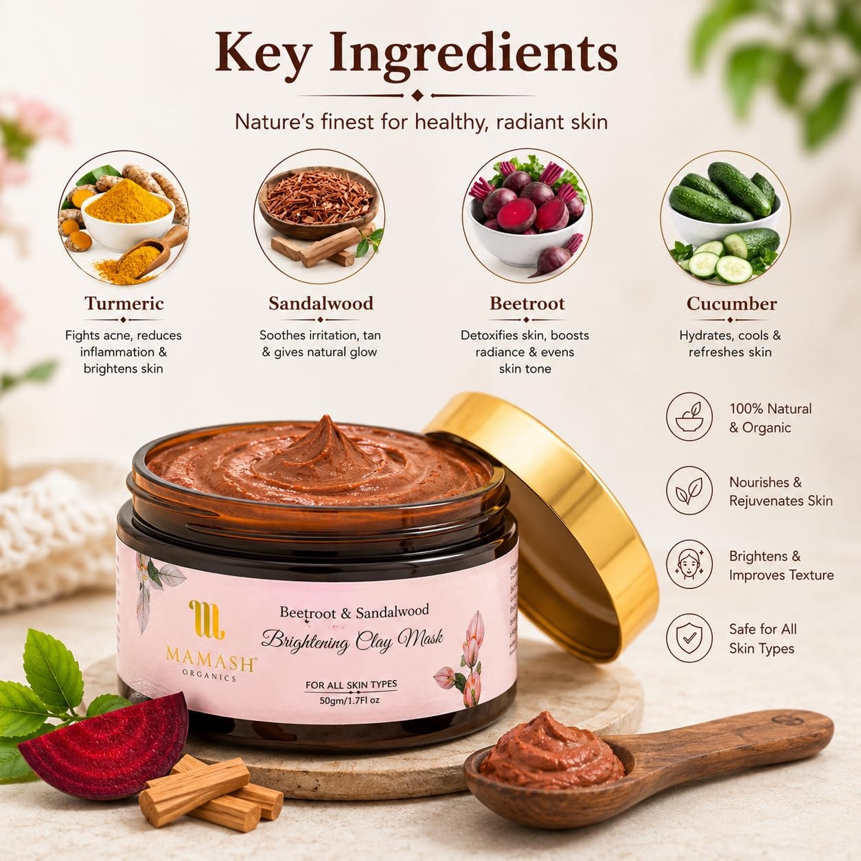 mamash beetroot & sandalwood 2 in 1 face pack & scrub | ready to use de tan clay mask with neem, licorice & multani mitti | brightening & deep cleansing ayurvedic skincare | 50g mamash beetroot & sandalwood 2 in 1 face pack & scrub | ready to use de tan clay mask with neem, licorice & multani mitti | brightening & deep cleansing ayurvedic skincare | 50g