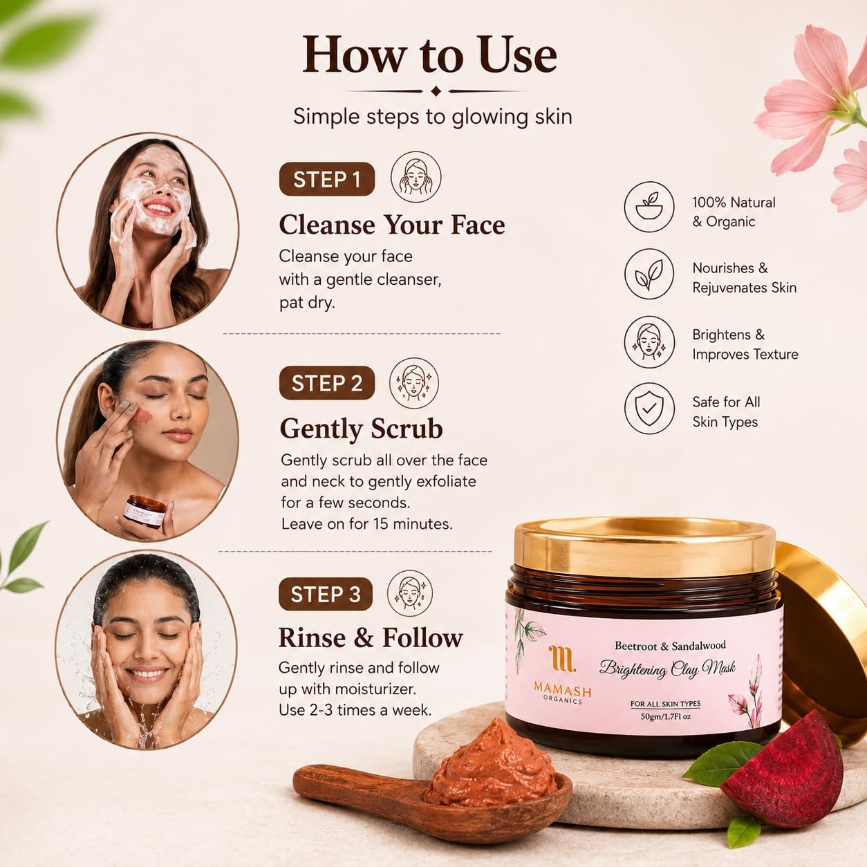 mamash beetroot & sandalwood 2 in 1 face pack & scrub | ready to use de tan clay mask with neem, licorice & multani mitti | brightening & deep cleansing ayurvedic skincare | 50g mamash beetroot & sandalwood 2 in 1 face pack & scrub | ready to use de tan clay mask with neem, licorice & multani mitti | brightening & deep cleansing ayurvedic skincare | 50g